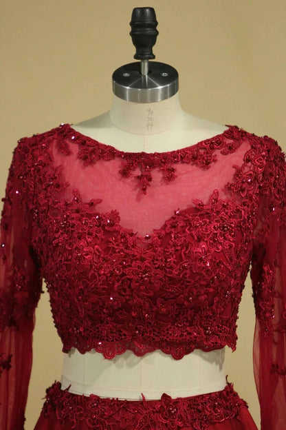 A Line Satin Lace Applique Burgundy Long Sleeves Two-Piece Prom Party Dresses ﻿