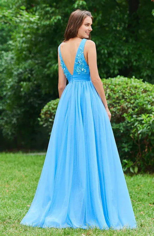Prom Dresses Stores Blue V Neck A Line Sleeveless Appliques Backless Floor Length Prom Dresses Formal Women's Dresses