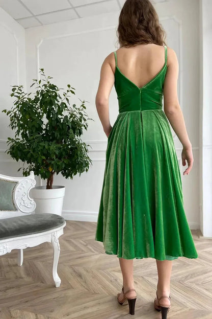 A Line Spaghetti Straps Green Velvet Holiday Party Dress Prom Dress With Slit