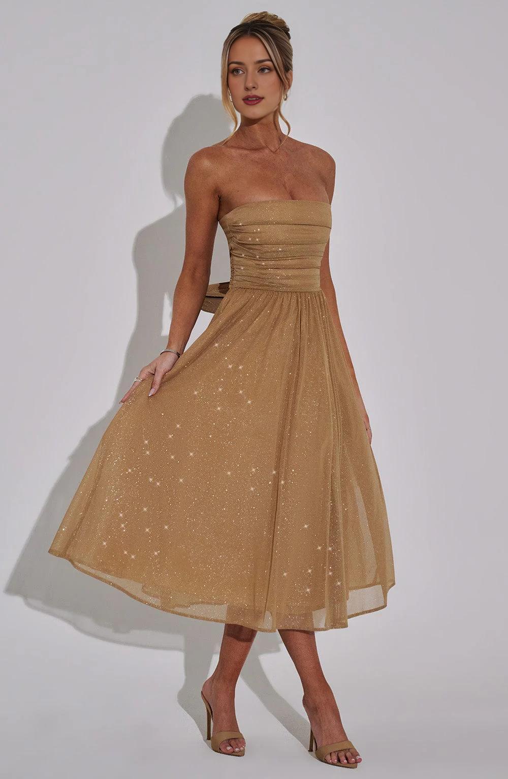 A Line Strapless Tulle Prom Dress with Bow Sparkle Cocktail Party Dress Tea Length Evening Dance Ball Gown