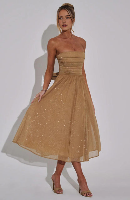 A Line Strapless Tulle Prom Dress with Bow Sparkle Cocktail Party Dress Tea Length Evening Dance Ball Gown