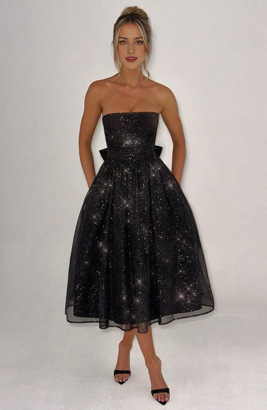 A Line Strapless Tulle Prom Dress with Bow Sparkle Cocktail Party Dress Tea Length Evening Dance Ball Gown