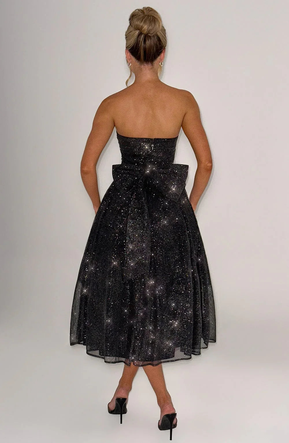 A Line Strapless Tulle Prom Dress with Bow Sparkle Cocktail Party Dress Tea Length Evening Dance Ball Gown