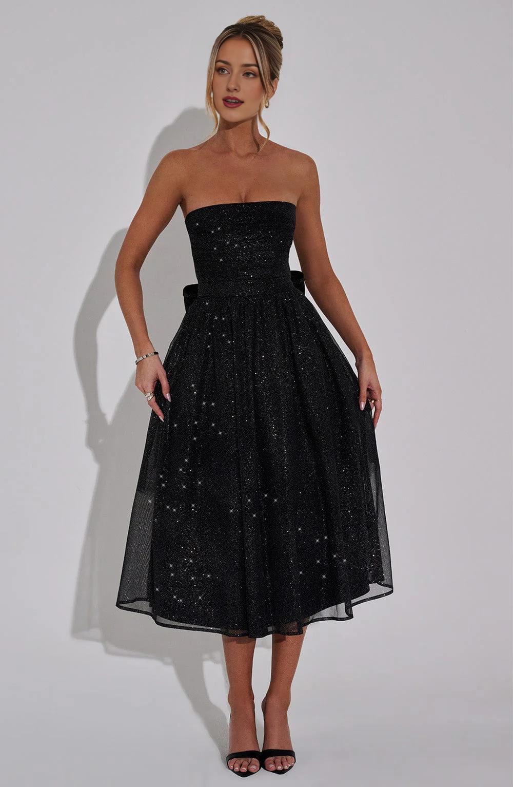 A Line Strapless Tulle Prom Dress with Bow Sparkle Cocktail Party Dress Tea Length Evening Dance Ball Gown