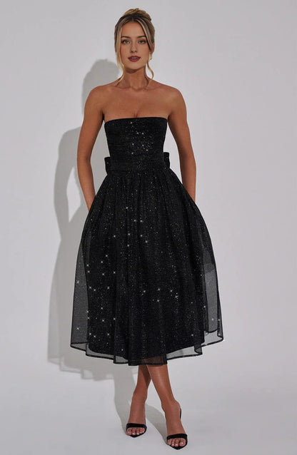 A Line Strapless Tulle Prom Dress with Bow Sparkle Cocktail Party Dress Tea Length Evening Dance Ball Gown