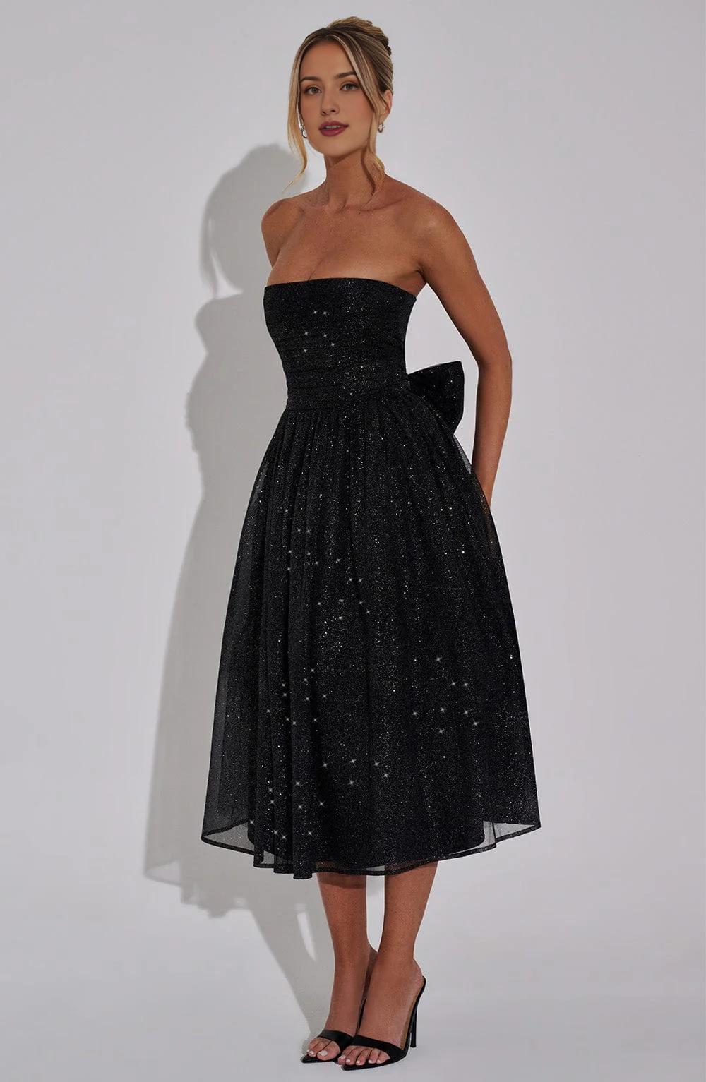 A Line Strapless Tulle Prom Dress with Bow Sparkle Cocktail Party Dress Tea Length Evening Dance Ball Gown