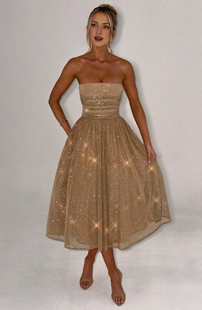 A Line Strapless Tulle Prom Dress with Bow Sparkle Cocktail Party Dress Tea Length Evening Dance Ball Gown