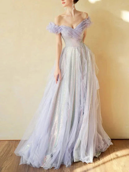 Formal Women's Dresses Off The Shoulder Lilac A Line Tulle Prom Dress Birthday Party Gown Prom Dresses Stores