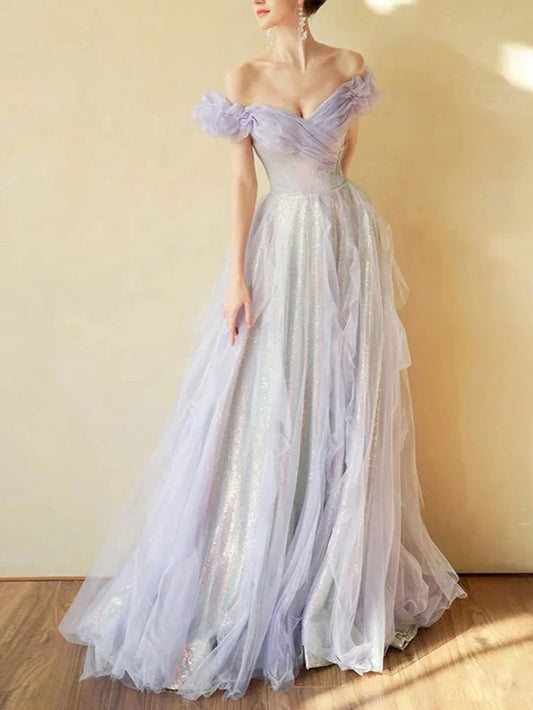 Formal Women's Dresses Off The Shoulder Lilac A Line Tulle Prom Dress Birthday Party Gown Prom Dresses Stores