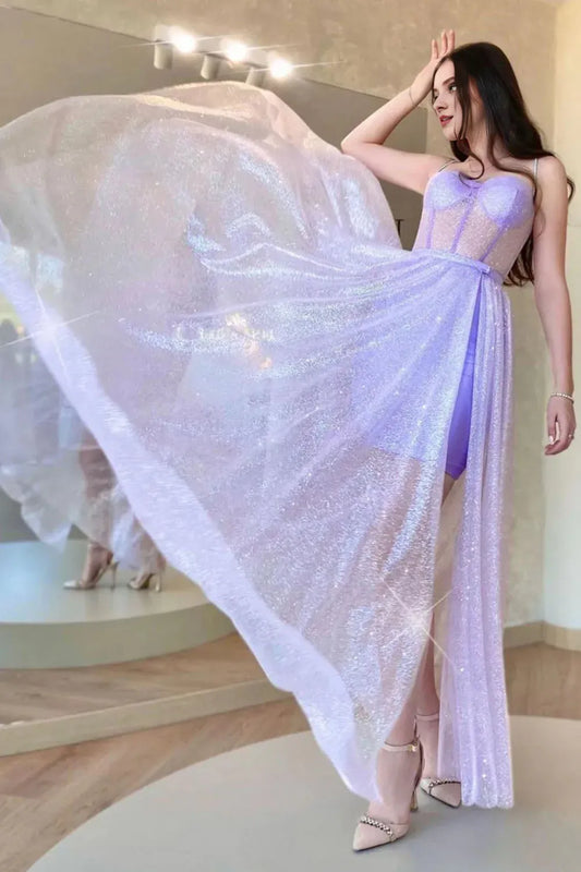 A Line Tulle Spaghetti Straps Lilac Corset Prom Dress with Criss Cross Back