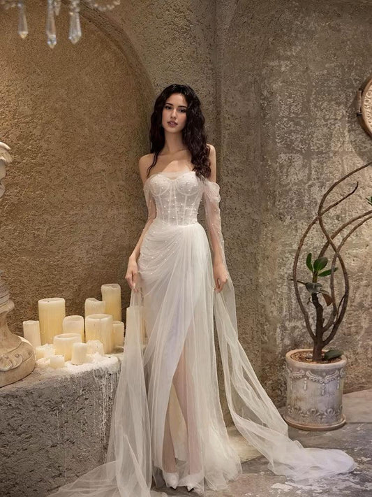 Formal Women's Dresses Off The Shoulder White A Line beaded Wedding Dress Prom Dress Store