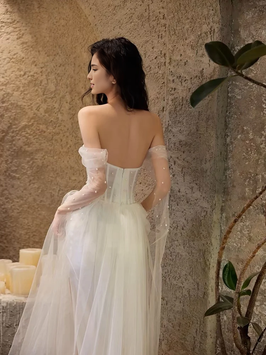 Formal Women's Dresses Off The Shoulder White A Line beaded Wedding Dress Prom Dress Store
