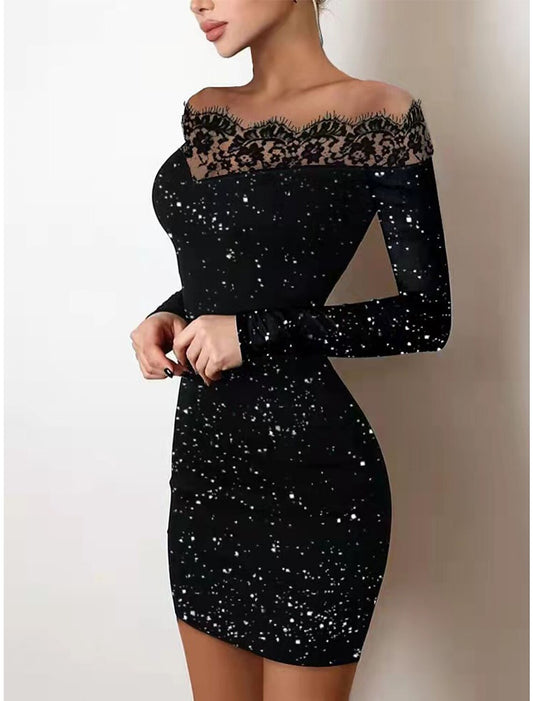 Women's Black Dress Party Dress Wedding Guest Dress Mini Dress Black Long Sleeve Dot Lace Spring Fall Winter Off Shoulder Fashion Winter Dress Wedding Guest Evening Party