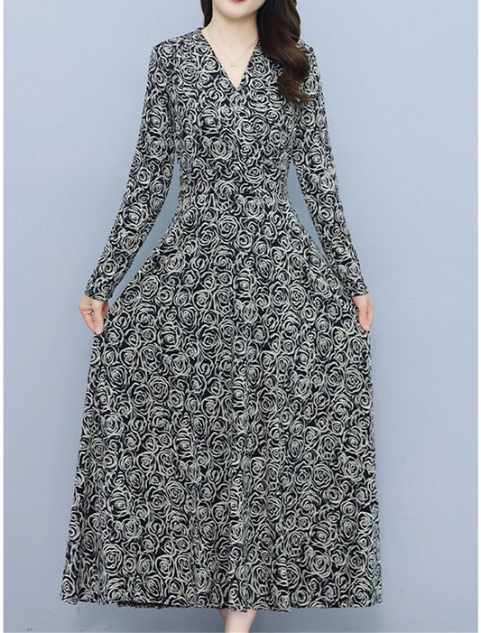 Women's Prom Dress Party Dress Wedding Guest Dress Long Dress Maxi Dress White Red Long Sleeve Floral Print Summer Spring Fall V Neck Elegant Wedding Guest Evening Party Vacation