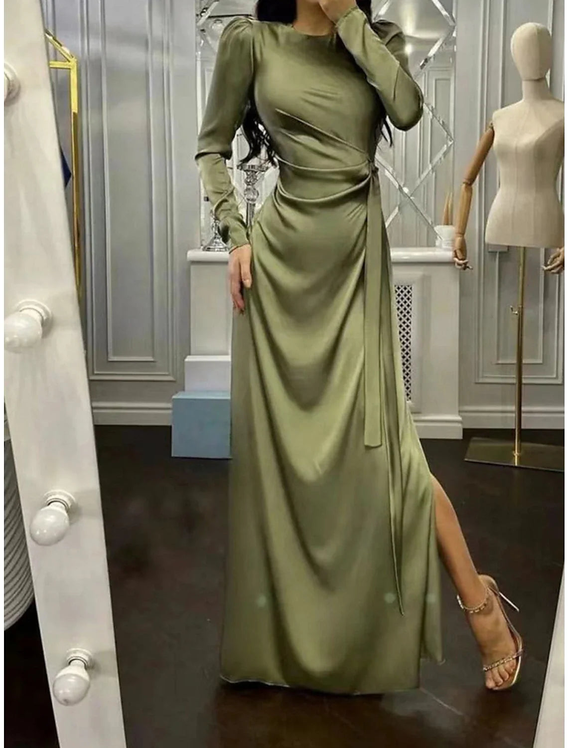 Elegant Satin Sheath Round‑Neck Long‑Puff‑Sleeve Side‑Knot‑Waist Draped‑Slit Floor‑Length Evening Dresses
