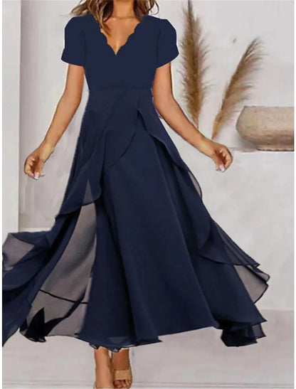 Women's Prom Dress Party Dress Wedding Guest Dress Long Dress Maxi Dress Navy Blue Short Sleeve Pure Color Ruffle Summer Spring Fall V Neck Fashion Evening Party Wedding Guest Vacation