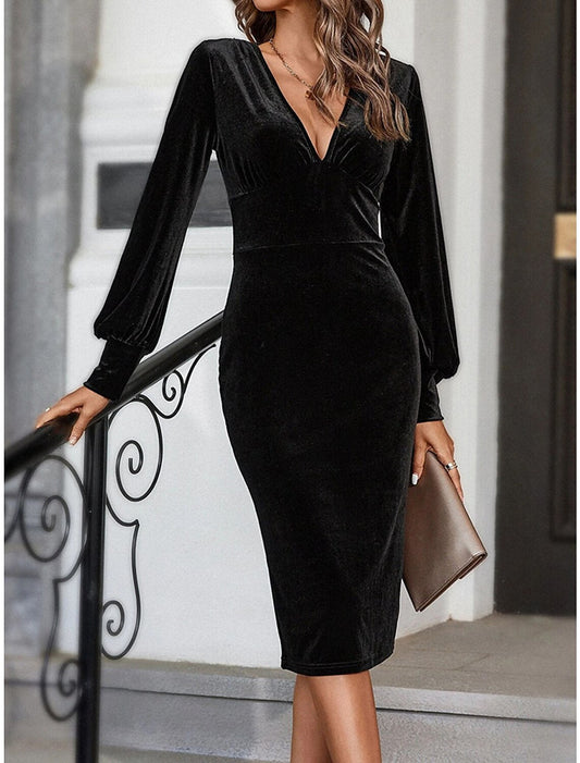 Women‘s Black Dress Cocktail Dress Black Party Dress Velvet Dress Wedding Guest Dress Midi Dress Long Sleeve Ruched Spring Fall Winter V Neck Fashion Winter Dress Black Cocktail Dress