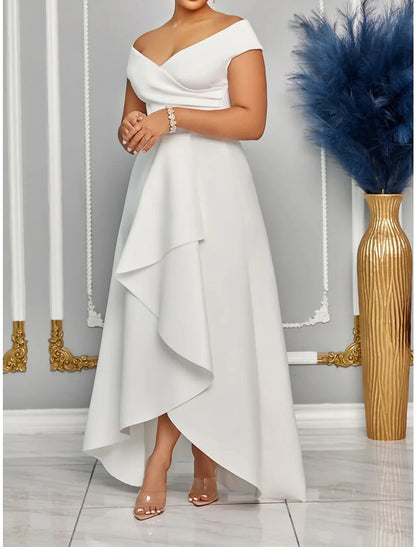 Women's Prom Dress Party Dress Wedding Guest Dress Long Dress Maxi Dress Black White Red Short Sleeve Plain Ruffle Summer Spring Fall V Neck Elegant Wedding Guest Evening Party Vacation