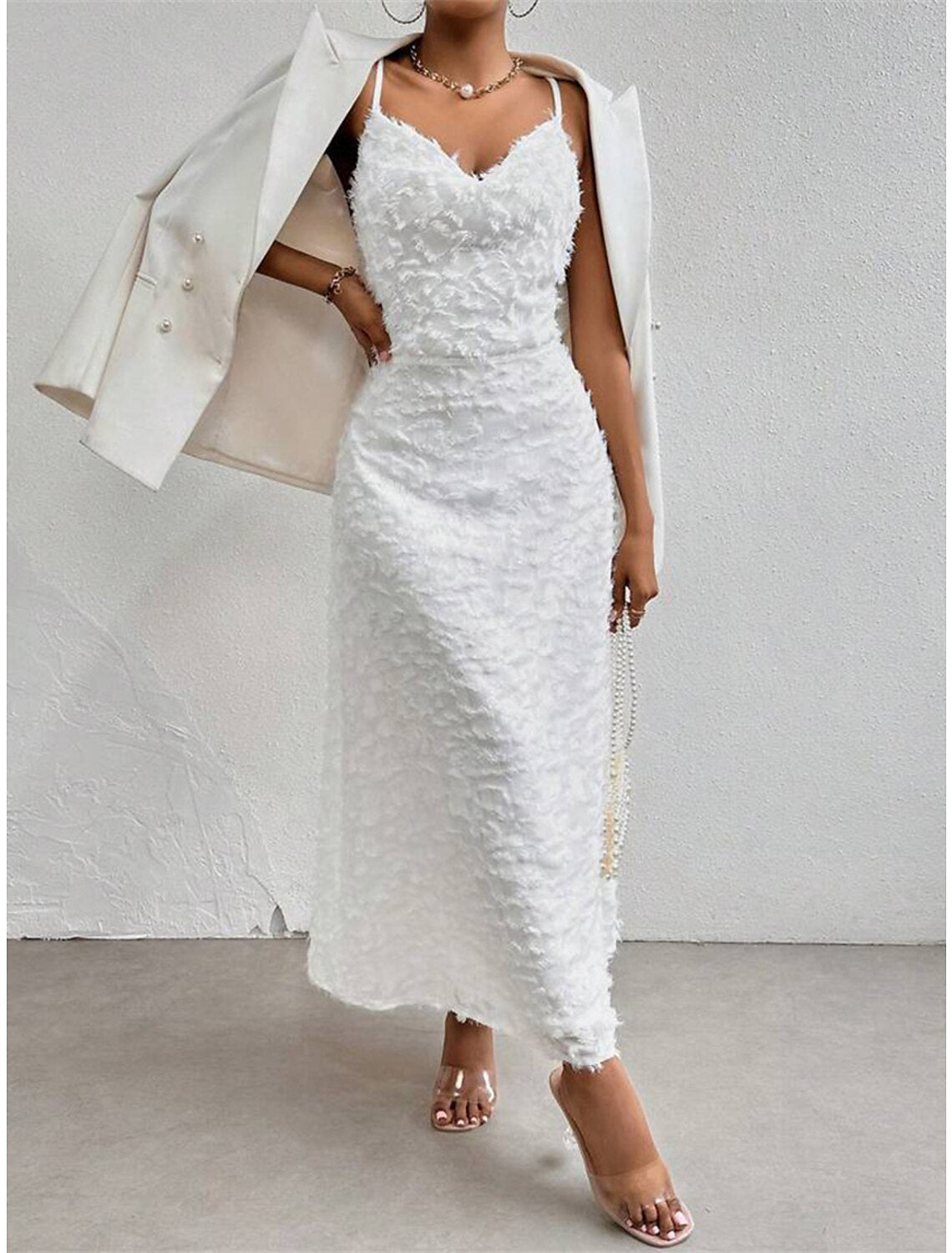 Women's Prom Dress Party Dress Feather Dress Long Dress Maxi Dress White Sleeveless Plain Backless Summer Spring Fall Spaghetti Strap Elegant Wedding Guest Birthday Evening Party