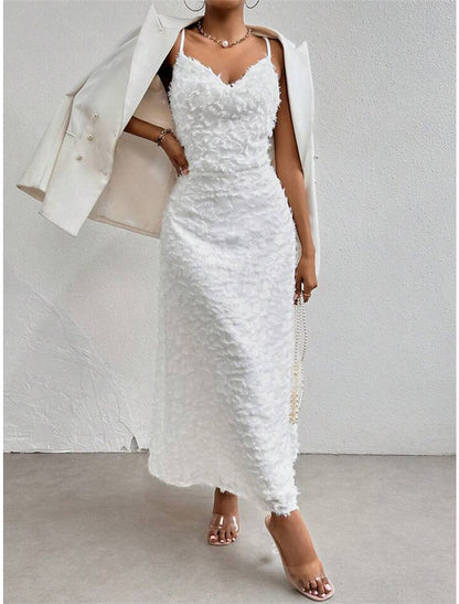 Women's Prom Dress Party Dress Feather Dress Long Dress Maxi Dress White Sleeveless Plain Backless Summer Spring Fall Spaghetti Strap Elegant Wedding Guest Birthday Evening Party