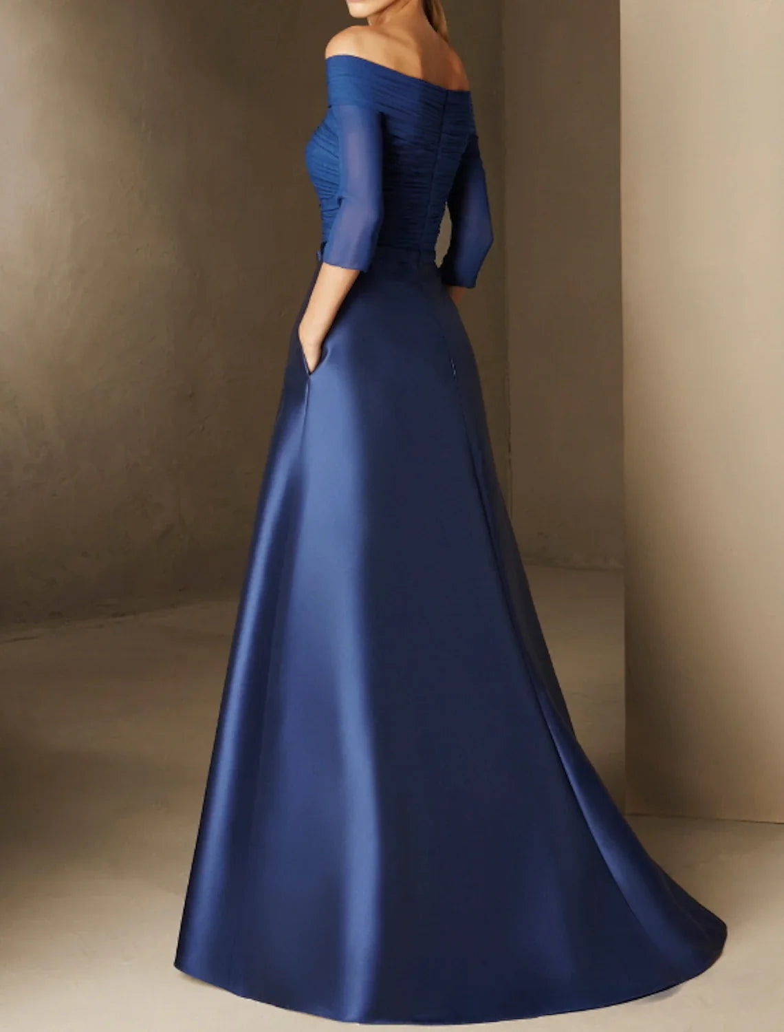 A-Line Evening Gown Elegant Dress Engagement Formal Evening Floor Length Half Sleeve Off Shoulder Fall Wedding Guest Chiffon with Ruched