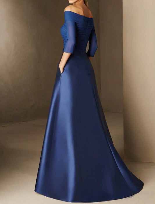 A-Line Evening Gown Elegant Dress Engagement Formal Evening Floor Length Half Sleeve Off Shoulder Fall Wedding Guest Chiffon with Ruched