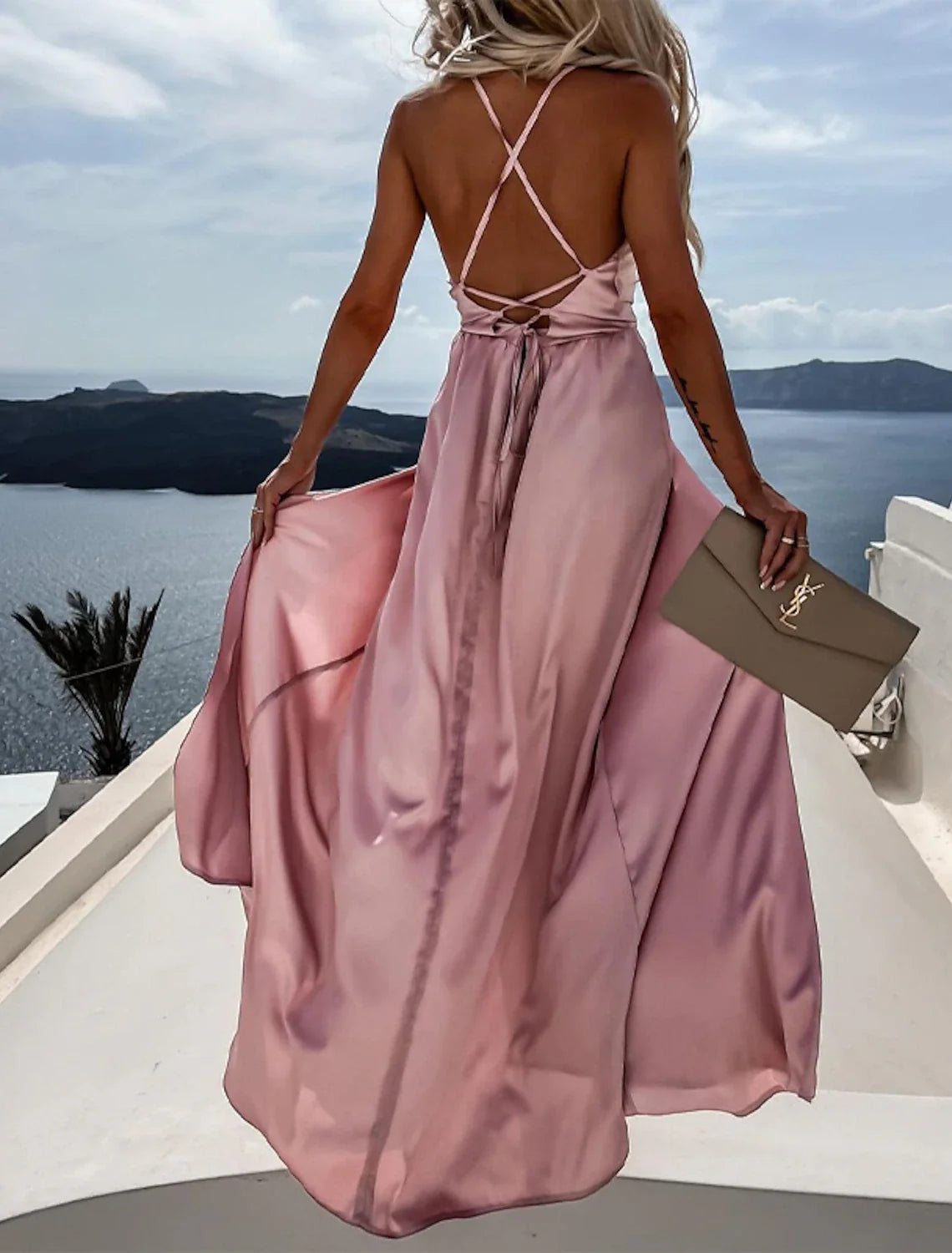 Women's Prom Dress Party Dress Satin Dress Pink Dress Long Dress Maxi Dress Fuchsia Khaki Sleeveless Pure Color Backless Summer Spring Fall Spaghetti Strap Fashion Birthday Evening Wedding Guest