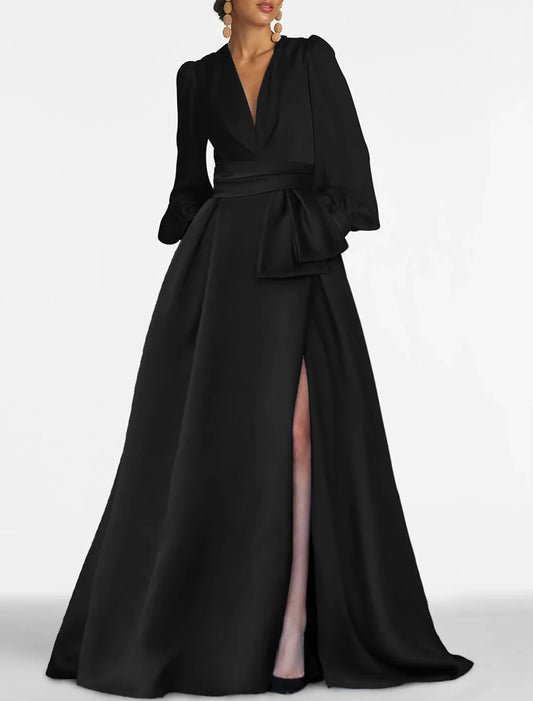 A-Line Evening Gown Elegant Dress Formal Sweep / Brush Train Formal Red Green Dress Long Sleeve V Neck Satin with Pleats Slit