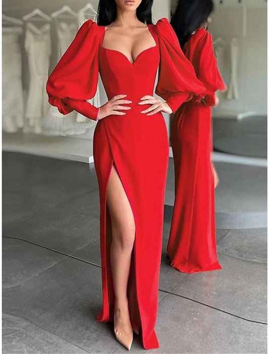 Women's Prom Dress Party Dress Wedding Guest Dress Long Dress Maxi Dress Red Beige Long Sleeve Plain Split Summer Spring Fall Square Neck Elegant Wedding Guest Birthday Evening Party