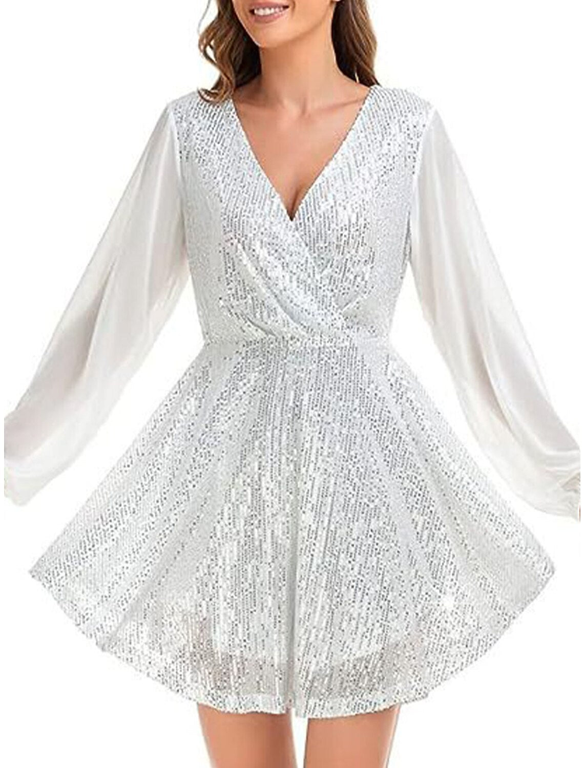 Women's Black Dress Sequin Dress Party Dress Mini Dress Black White Long Sleeve Pure Color Sequins Spring Fall Winter V Neck Fashion Winter Dress Wedding Guest Evening Party