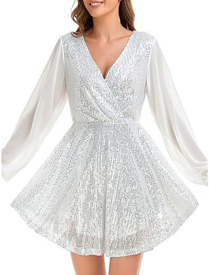 Women's Black Dress Sequin Dress Party Dress Mini Dress Black White Long Sleeve Pure Color Sequins Spring Fall Winter V Neck Fashion Winter Dress Wedding Guest Evening Party