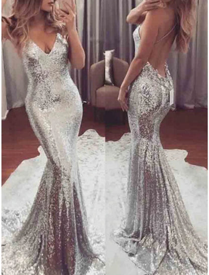 Women's Silver Sequin Dress Prom Dress Party Dress Sparkly Dress Long Dress Maxi Dress Silver Sleeveless Spring Fall Winter Spaghetti Strap Fashion Evening Party