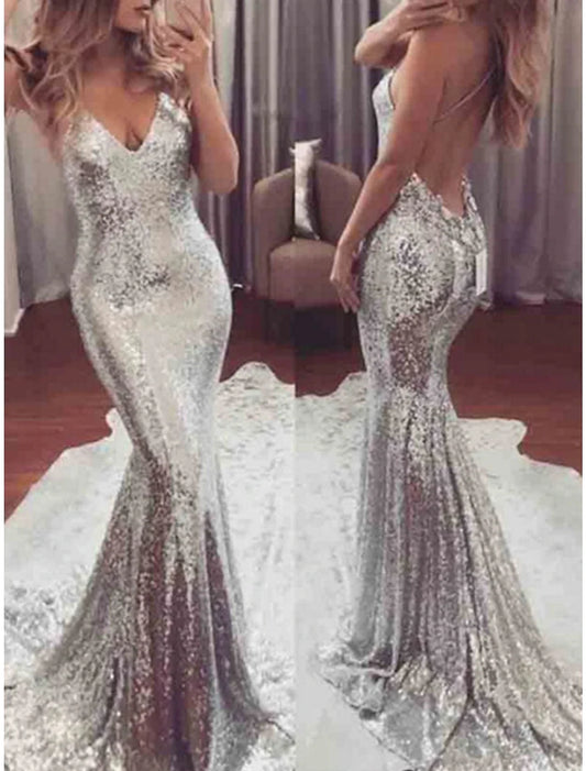 Women's Silver Sequin Dress Prom Dress Party Dress Sparkly Dress Long Dress Maxi Dress Silver Sleeveless Spring Fall Winter Spaghetti Strap Fashion Evening Party