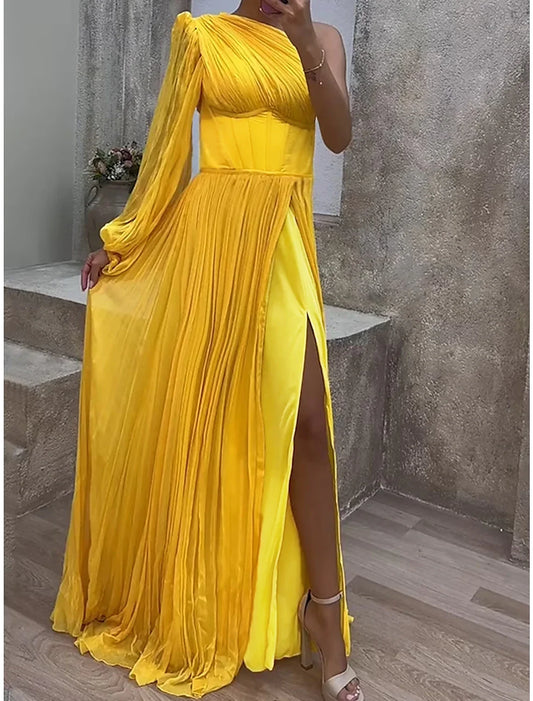 Women's Prom Dress Party Dress Corset Dress Long Dress Maxi Dress Yellow Sleeveless Pure Color Ruched Spring Fall Winter One Shoulder Party Wedding Guest Evening Party Vacation