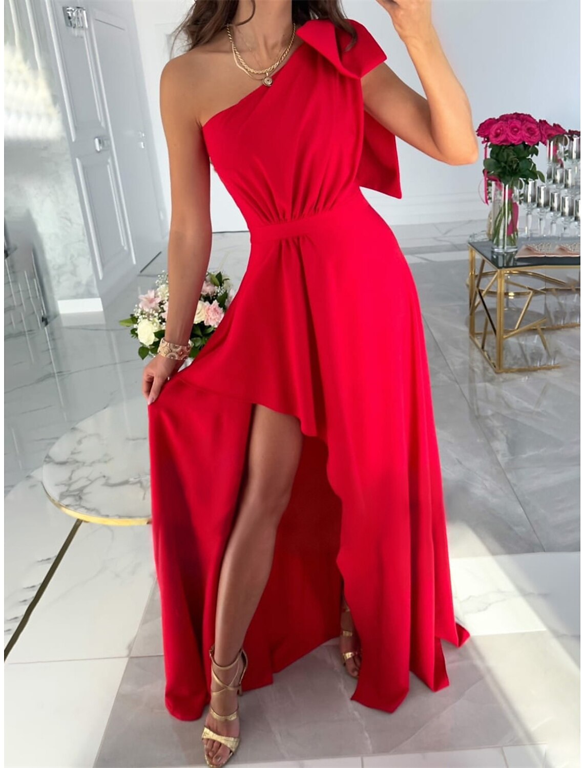 Women's Prom Dress Party Dress Wedding Guest Dress Long Dress Maxi Dress Pink Wine Red Sleeveless Plain Split Summer Spring Fall One Shoulder Elegant Wedding Guest Evening Party Vacation