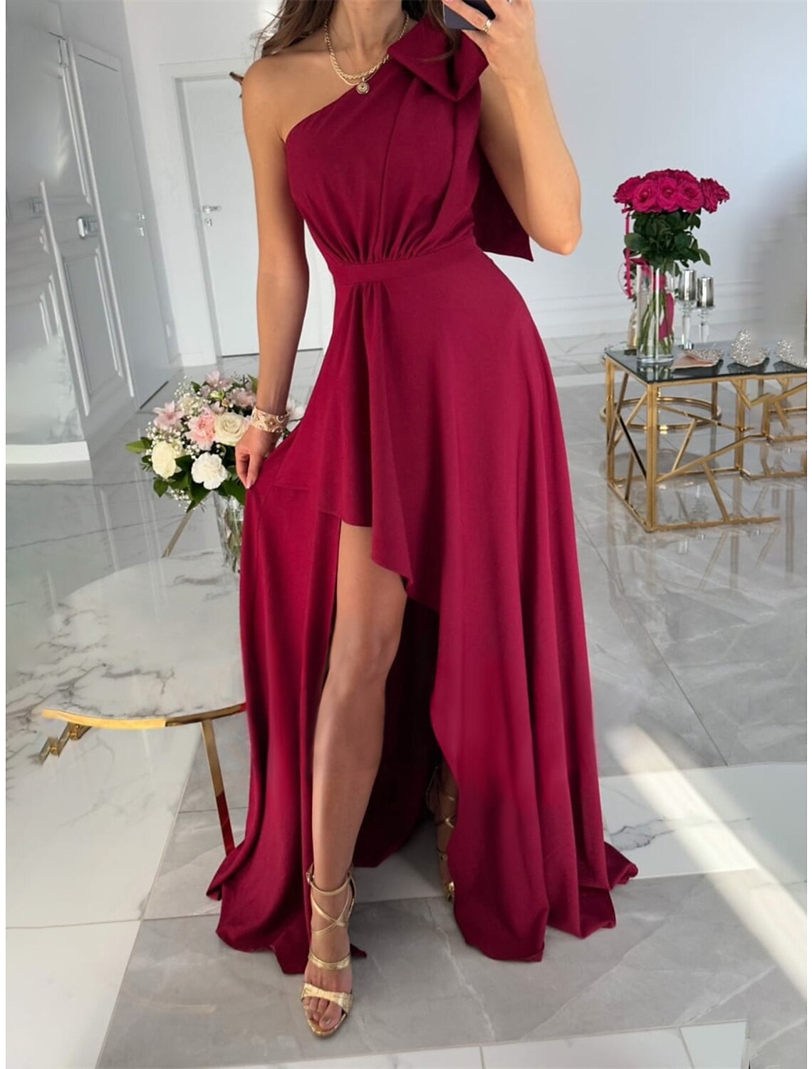 Women's Prom Dress Party Dress Wedding Guest Dress Long Dress Maxi Dress Pink Wine Red Sleeveless Plain Split Summer Spring Fall One Shoulder Elegant Wedding Guest Evening Party Vacation