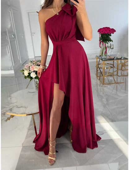 Women's Prom Dress Party Dress Wedding Guest Dress Long Dress Maxi Dress Pink Wine Red Sleeveless Plain Split Summer Spring Fall One Shoulder Elegant Wedding Guest Evening Party Vacation