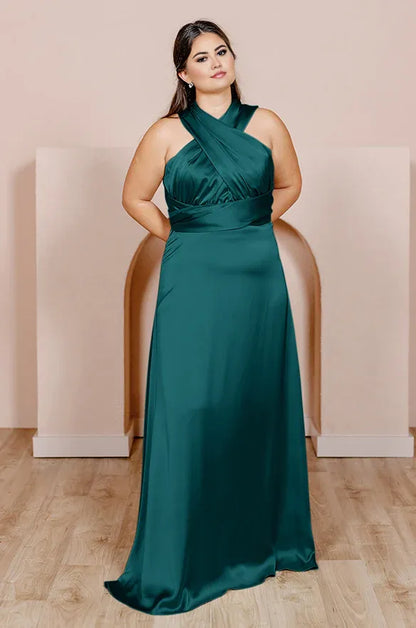 Affordable A-Line Halter Neck Sleeveless Satin Floor-Length Plus Size Prom Dress