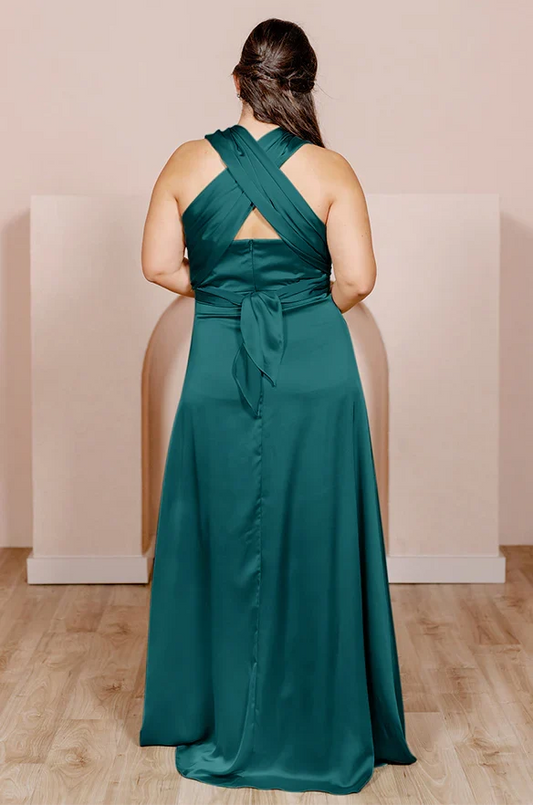 Affordable A-Line Halter Neck Sleeveless Satin Floor-Length Plus Size Prom Dress