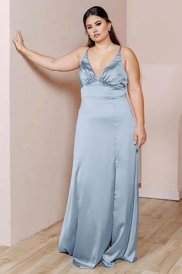 Affordable A-Line V Neck Sleeveless Satin Floor-Length Plus Size Prom Dress