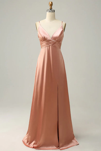 Affordable A Line Spaghetti Straps Sleeveless Satin Slit Floor-Length Prom Dress