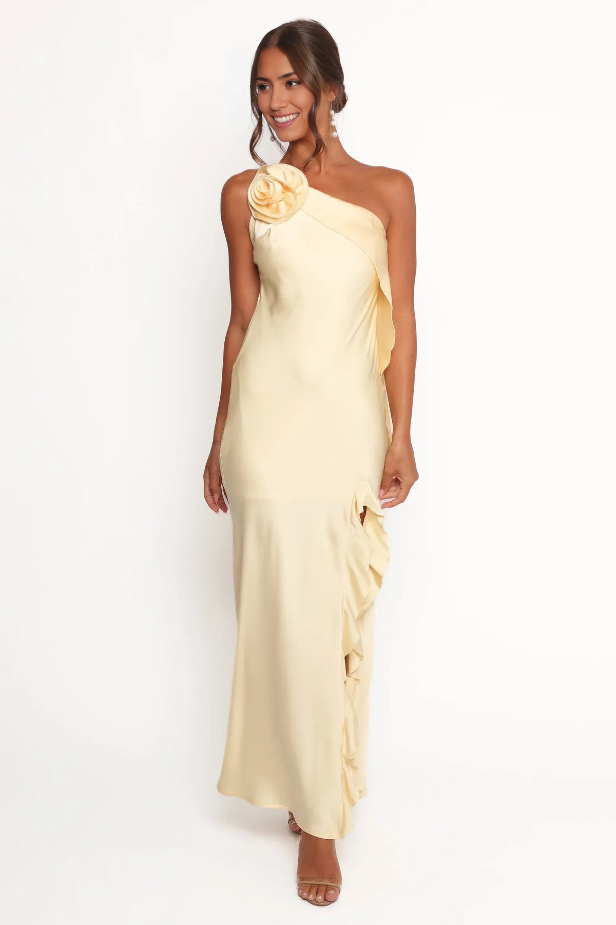 Affordable Column One Shoulder Sleeveless Satin Ankle-Length Prom Dress
