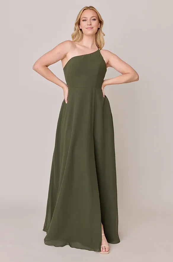 Affordable Fitted A-line One Shoulder Sleeveless Backless Ankle-Length Bridesmaid Dress