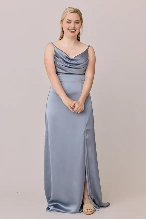 Discount Fitted Cowl Neck Sleeveless Satin Floor-Length Plus Size Prom Dress