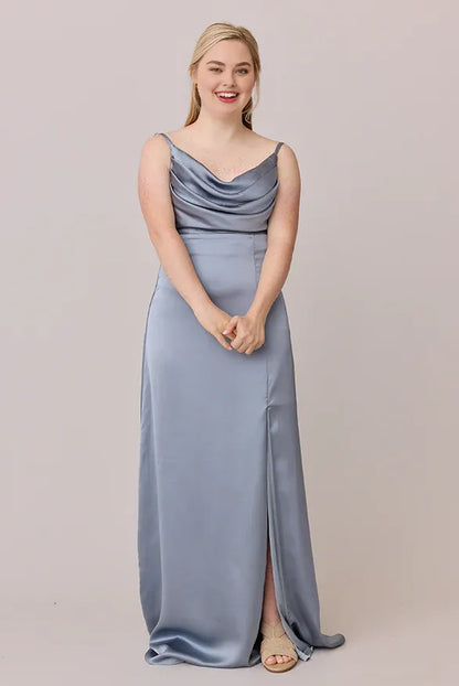 Discount Fitted Cowl Neck Sleeveless Satin Floor-Length Plus Size Prom Dress