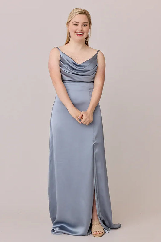 Discount Fitted Cowl Neck Sleeveless Satin Floor-Length Plus Size Prom Dress