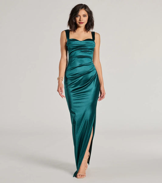 Affordable Fitted Cowl Neck Sleeveless Satin Floor-Length Prom Dress
