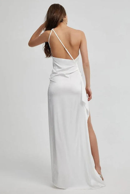 Affordable Fitted One Shoulder Sleeveless Satin Floor-Length Wedding Dress