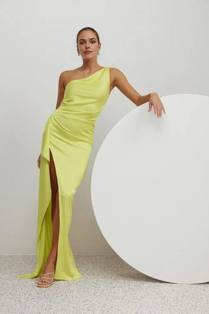 Affordable Fitted One Shoulder Sleeveless Satin Floor-Length Prom Dress