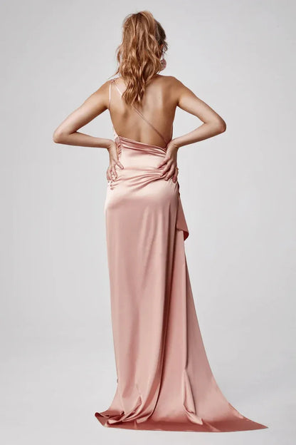 Affordable Fitted One Shoulder Sleeveless Satin Floor-Length Prom Dress